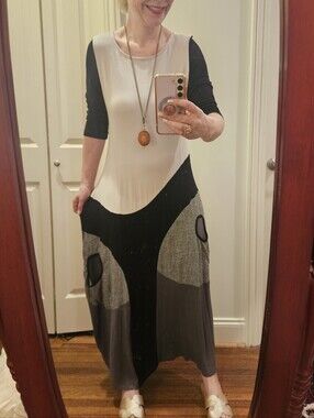 Ruti Black White Gray Colorblock Midi Dress Art To Wear Pockets Size 2/Medium